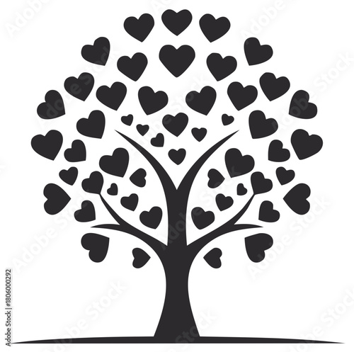 Symbolic black tree silhouette with heart shaped leaves representing love, family, and growth