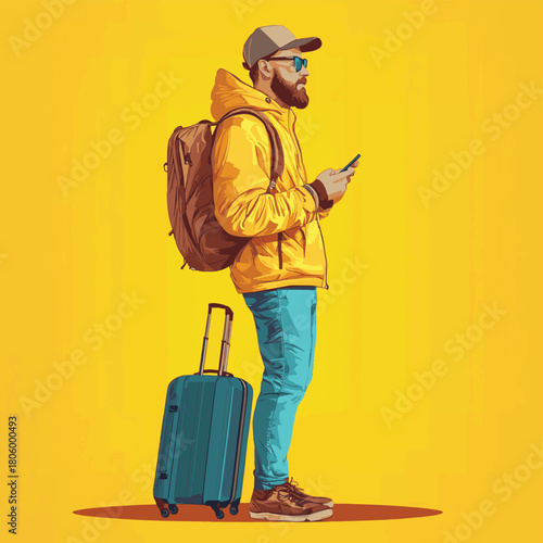 Traveler with smartphone and luggage in hand, paused mid-journey, depicting a tech-savvy tourist, clean book-style illustration , vector style simple color