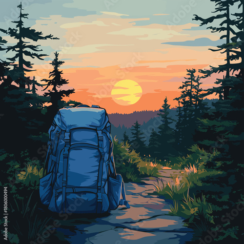 Traveler's azure pack paused on a dusky trail, framed by the soft glow of sunset and the stillness of nature's path  , vector style simple color