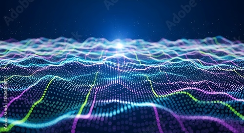 Dynamic undulating grid of vibrant light particles illustrating modern data analysis and the intricate flow of information within advanced technological networks