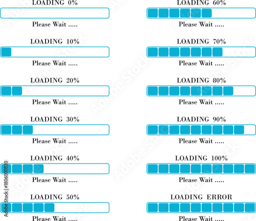 Loading Bar Please Wait Progress Icon set. Graphic Design Elements for Web, App, or Download Process with Please Wait Text. Percentage loading bar infographic icon. Load,Download indicator sign.
