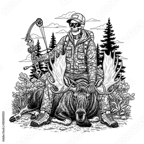 Monochrome drawing of a skeleton bow hunter with sunglasses posing with a huge harvested moose