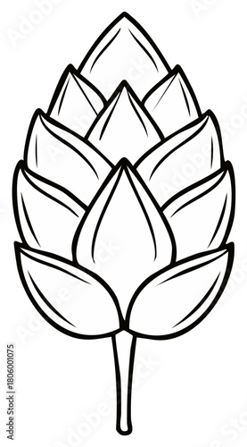 Stylized black and white line art illustration of a single hop cone, graphic botanical drawing for brewing and craft beer designs