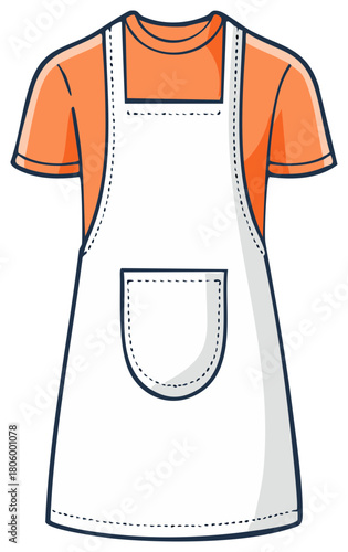 Graphic of a White Apron with Pocket Over Orange T-Shirt, Cook Apparel, Kitchen Clothing, Studio Illustration