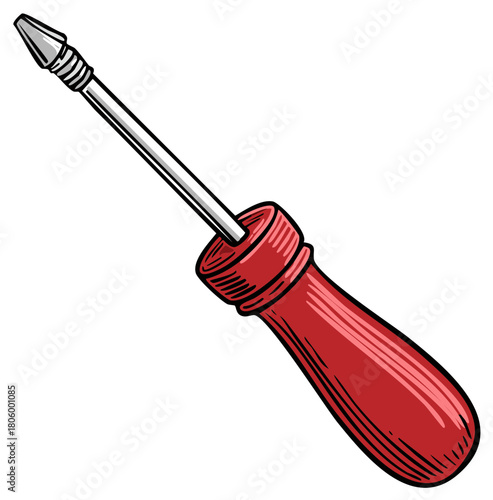 Hand drawn cartoon illustration of a red Phillips head screwdriver tool for repair and DIY projects