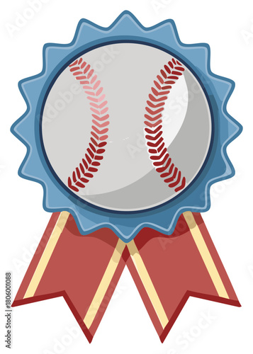 Baseball championship award ribbon with blue medallion and red and yellow striped streamers