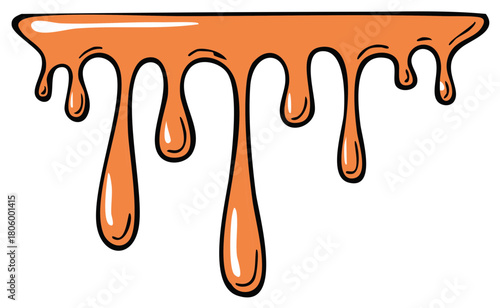 Dripping Honey or Caramel Cartoon with Black Outline and highlights on White Background for Decoration or as Design Element