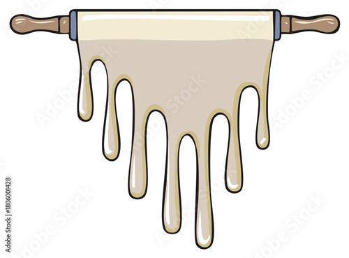 Cartoon rolling pin with dough melting and dripping down