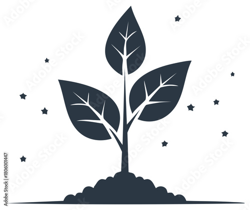New Growth Plant Sprouting From Soil with Falling Stars Symbolizing Hope and Future