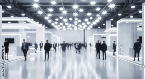 Blurred expo hall. Many people walk. Booths with displays visible. Lots of people move around. Busy business event. Modern business conference. Corporate exhibition. Networking event. Lots of people