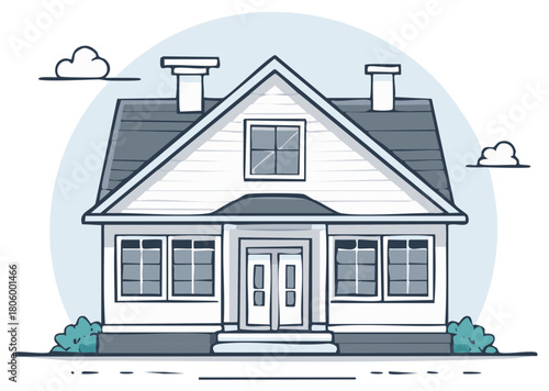 Charming House Facade Illustration Featuring Roof Chimneys Windows and Bushes in a Clean Design