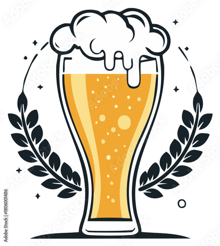 Refreshing Golden Beer with Frothy Head in Tall Glass Surrounded by Barley Wreath vector illustration