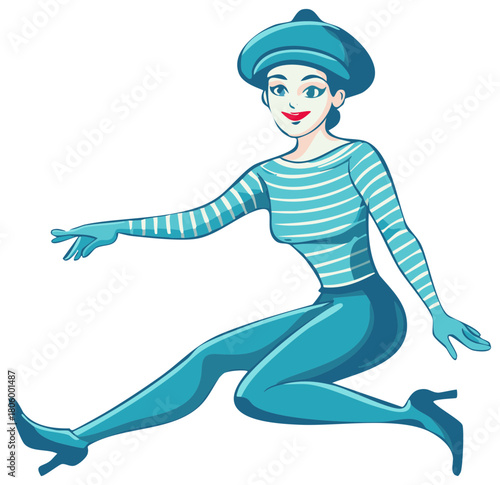 Illustration of a stylish woman in a blue beret and striped shirt in a dynamic leaping pose