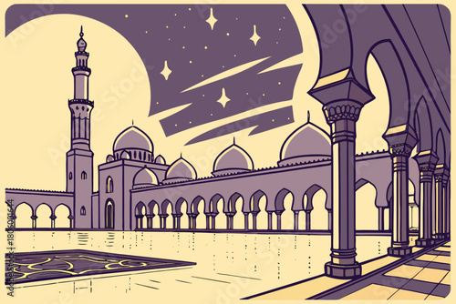 Grand Islamic courtyard with reflecting pool, realistic lantern light patterns, starry sky forming Ramadan shape
