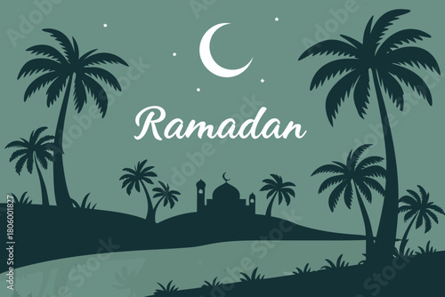 Palm oasis at twilight with reflections in still water, crescent moon overhead, elegant Ramadan typography