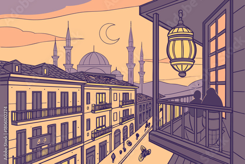 Realistic rooftop view of city at iftar time, glowing lanterns, evening sky, sound waves subtle for Azaan atmosphere