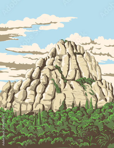 WPA style ukiyo-e or ukiyo illustration of Montserrat mountain seen from Santa Maria de Montserrat abbey in Monistrol de Montserrat in Catalonia Spain done in retro works project administration style.