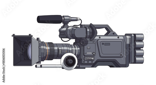 Professional Broadcast Video Camera with Microphone and Lens Hood.