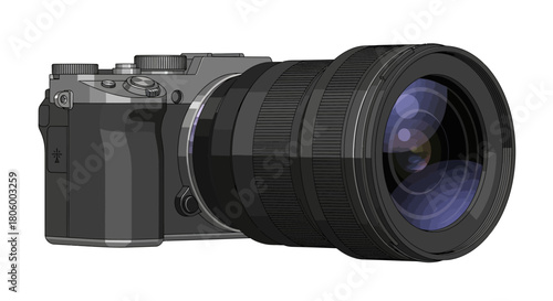 Detailed Illustration of a Modern Digital Camera with Zoom Lens.