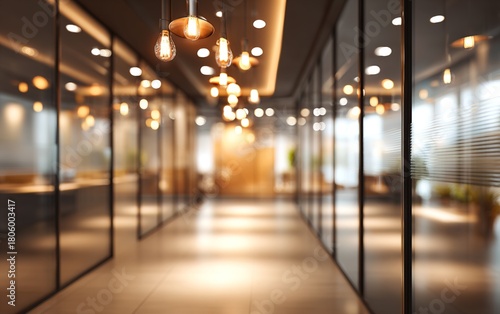 Wallpaper Mural Blurred office hallway with glass walls and warm lighting in modern workspace. High quality. High quality Torontodigital.ca