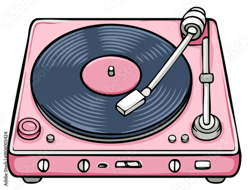 Pink Turntable with Black Vinyl Record Illustration Sound Music Retro Audio System