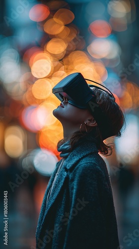 Woman wearing VR headset looking up at blurred lights. High quality