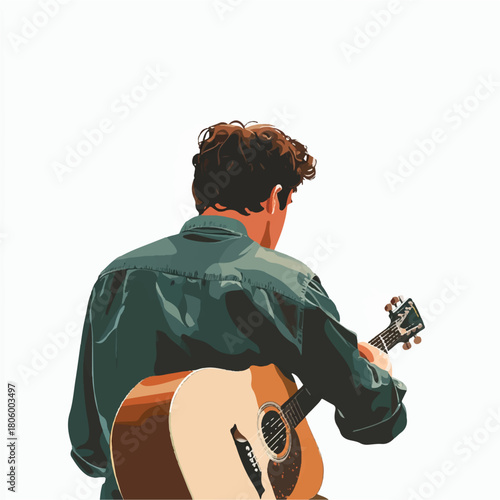 Man playing acoustic guitar focused on music back view artistic illustration casual clothing.