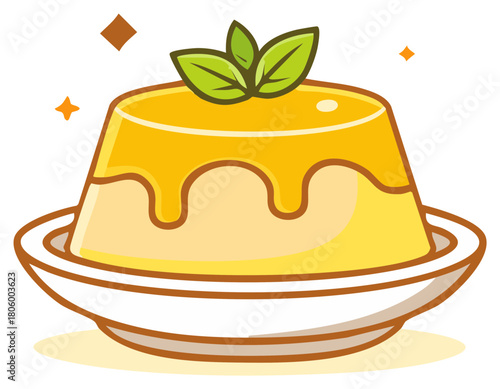 Stylized custard dessert with caramel sauce and mint garnish sits on a white plate in a vector style