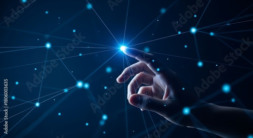 Human hand interacts with a glowing digital network, symbolizing global connection, technological innovation, and the vast potential of data in the modern interconnected world