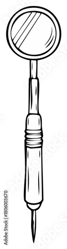 Dental mouth mirror and explorer probe tool black and white line art illustration