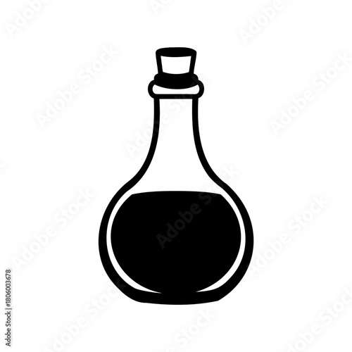 Stylized black and white illustration of a potion bottle with a cork