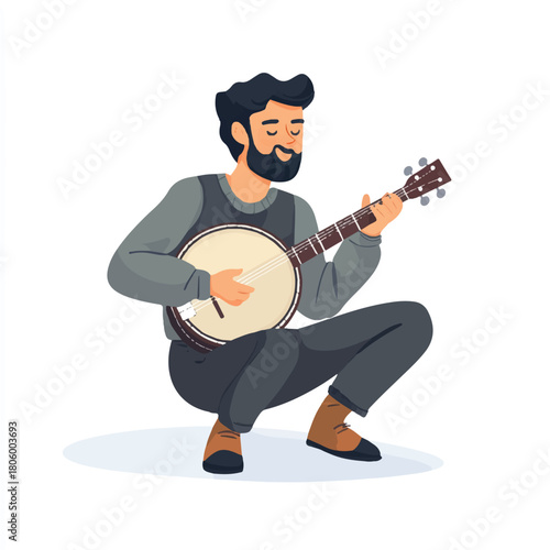 Man playing banjo focused on music enjoying the moment relaxed posture traditional instrument happy expression