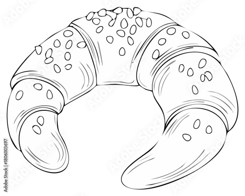 Detailed line art illustration of a freshly baked croissant adorned with seeds perfect for breakfast or a snack