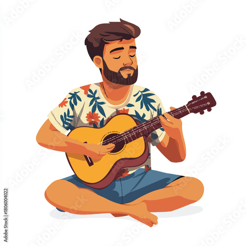 Man playing ukulele with eyes closed in a relaxed pose