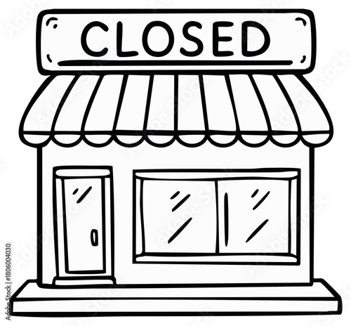 Closed shopfront illustration, sign displayed, simple cartoon building, black and white
