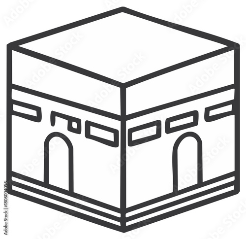 Outlined illustration of Kaaba, Islamic holy site, black and white