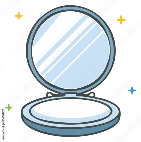 Bright open compact mirror with shiny blue reflection and decorative star sparkles illustration