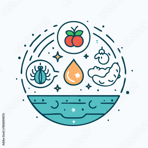 A whimsical circular illustration showcasing diverse organic elements on a vibrant surface