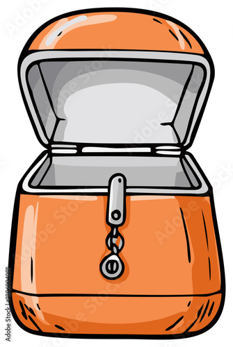 Open orange treasure chest illustration with silver trim and clasp, cartoon style, storage