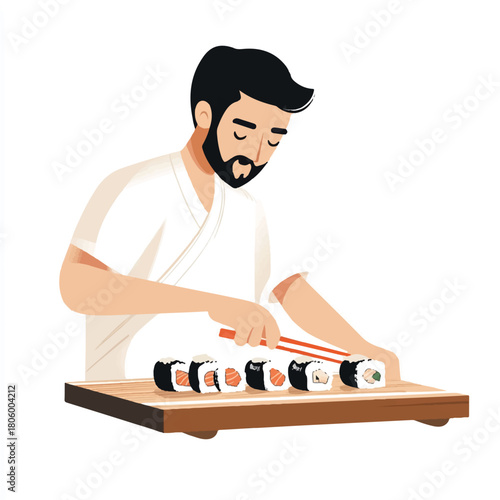 Man preparing sushi rolls with chopsticks on a wooden board