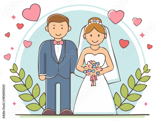 Happy Bride and Groom Cartoon Couple Celebrate Wedding Day with Hearts and Flowers