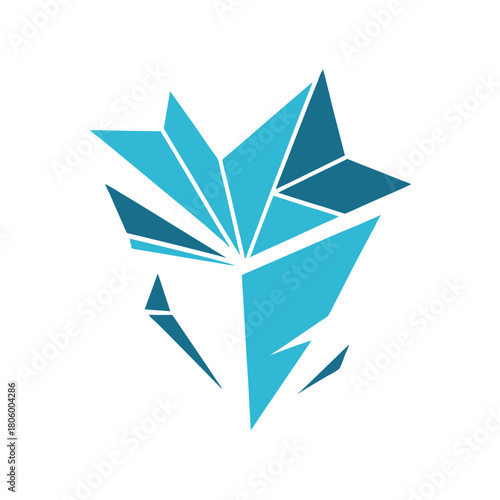 Geometric abstract blue crystal shard design on white background Keywords: abstract, geometric, crystal, shard, broken, fragmented, blue, teal
