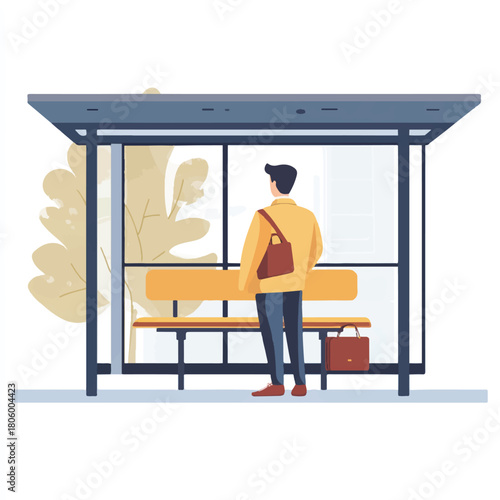 Man waiting at bus stop looking out with a bag.