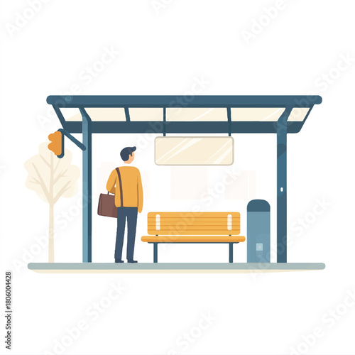 Man waiting at bus stop with bag and trash can.
