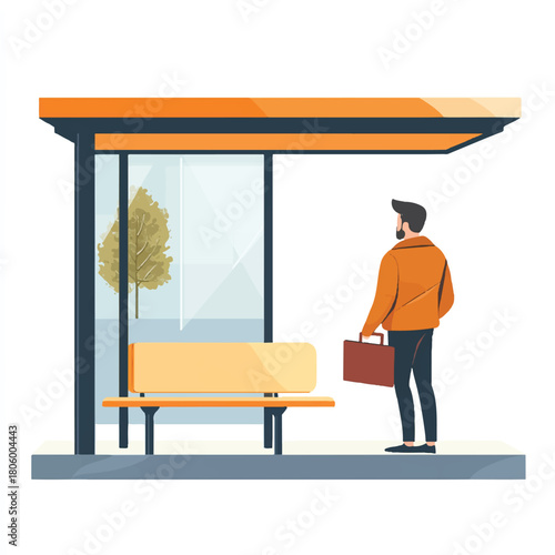 Man Waiting at Bus Stop with Briefcase Orange Jacket and Dark Pants.