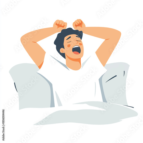 Man waking up in bed stretching and yawning after a good night sleep.