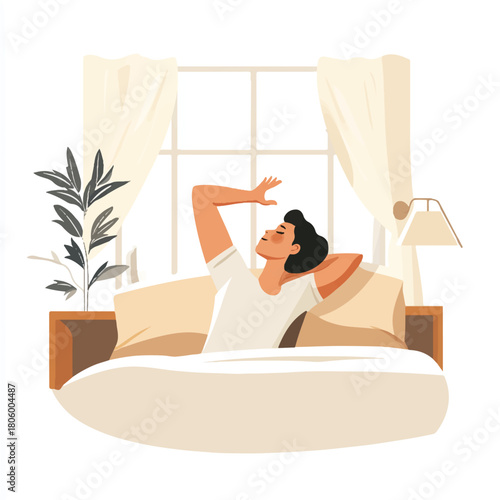  Man waking up in bed stretching feeling refreshed and ready for the day.
