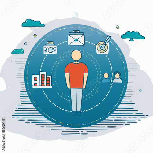 Abstract Illustration of a Person Surrounded by Career and Lifestyle Icons on Blue