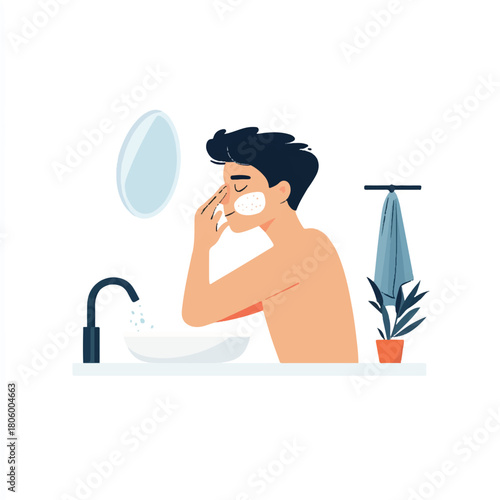 Man washing his face in the bathroom sink with a towel nearby