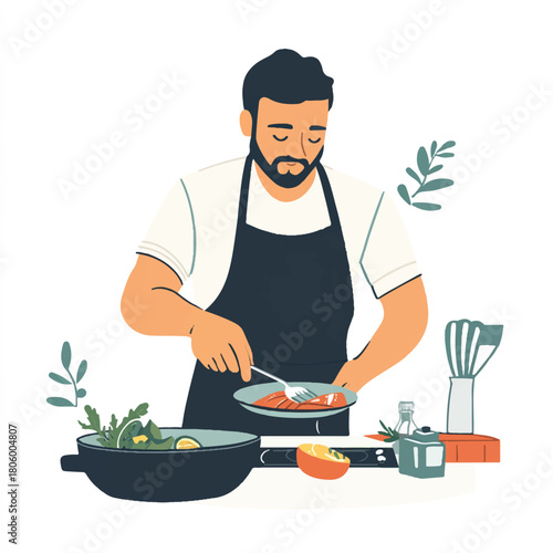 Man with Beard Cooking Food in Kitchen with Utensils.